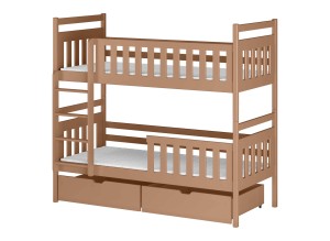 Moderne etageseng i brunt træ med to store skuffer til opbevaring.