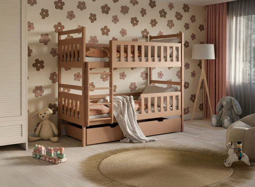 Måltegning af brun køjeseng med specifikationer af højde og afstande.