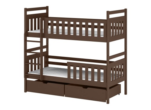 Mørkebrun køjeseng i klassisk design med robuste stiger og underskuffer.