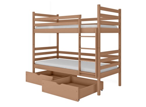 Køjeseng i lysebrunt træ med to praktiske opbevaringsskuffer og hvide madrasser.