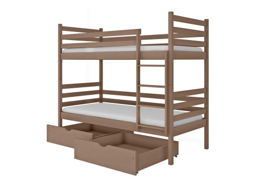 Klassisk køjeseng i kaffebrun træ med to store udtræksskuffer.