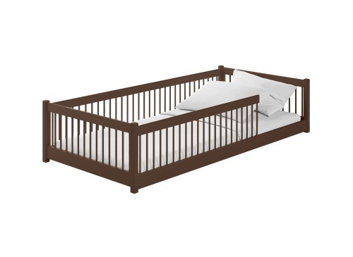 Teknisk tegning med mål på brun husseng til børn.