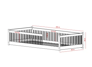 Teknisk tegning af barneseng 90x200 cm med præcise mål for sengerammen.