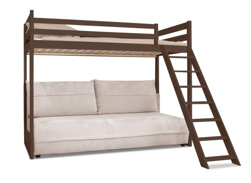 Mørkebrun højseng med integreret sofa og stige, ideel til pladsoptimering.