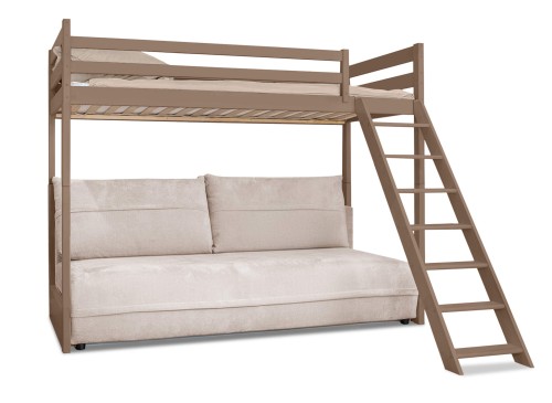 Taupe-farvet højseng med beige sofa nedenunder og praktisk skrå stige.