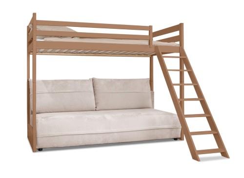 Højseng i lyst trælook med behagelig sofa og stige til overkøjen.