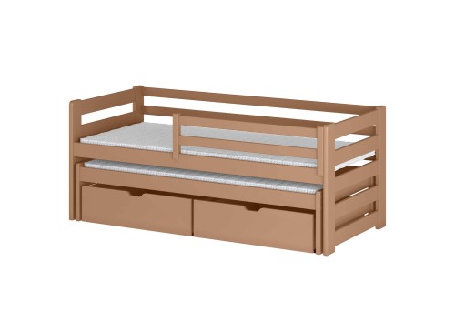 Brun børneseng med udtræksseng og to skuffer til opbevaring