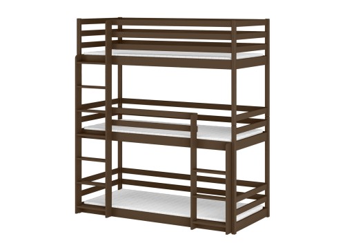 Triple køjeseng i mørkebrun træ med stiger.