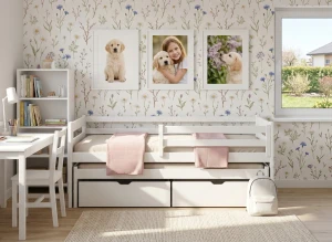 Hvid opbevaringskasse med bjørn på månen-motiv, lille træstol og bjørnekurv.