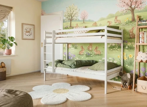 Hvid køjeseng med skuffe og julepynt, hvor to piger læser i sengen.