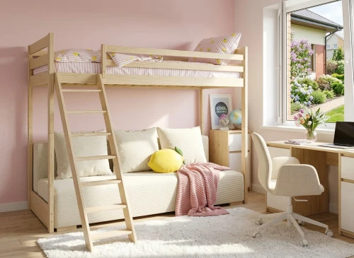 Klassisk træ køjeseng med stige og sofa. Hyggeligt børneværelse interiør.