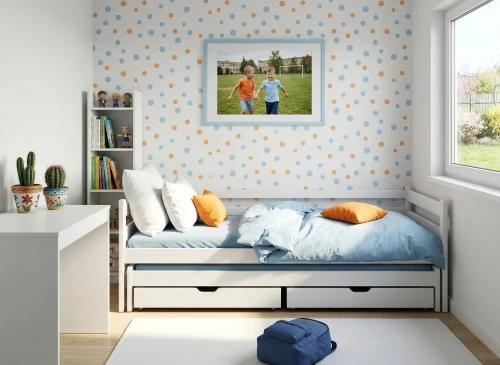 Hvid enkeltseng med skuffer og orange sengetøj i et værelse med hjerte-stickers.