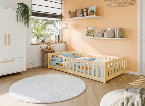 Børneseng i lyst træ i et lyserødt værelse med skytapet og blødt hvidt tæppe.