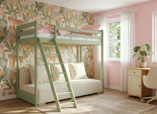 Børneværelse med køjeseng, daybed, rævevægmaleri, grønne og orange farver, og en stor plante.
