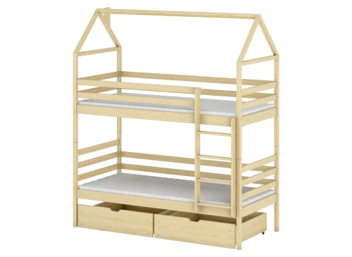 Mål og dimensioner for en brun husseng køjeseng på teknisk tegning.