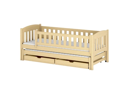 Brun daybed i træ med udtræksseng og praktiske skuffer.