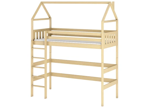 Konstruktionstegning af en loftseng i husdesign med sikkerhedsinfo.
