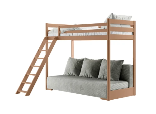 Lys brun højseng med indbygget sofa og stige