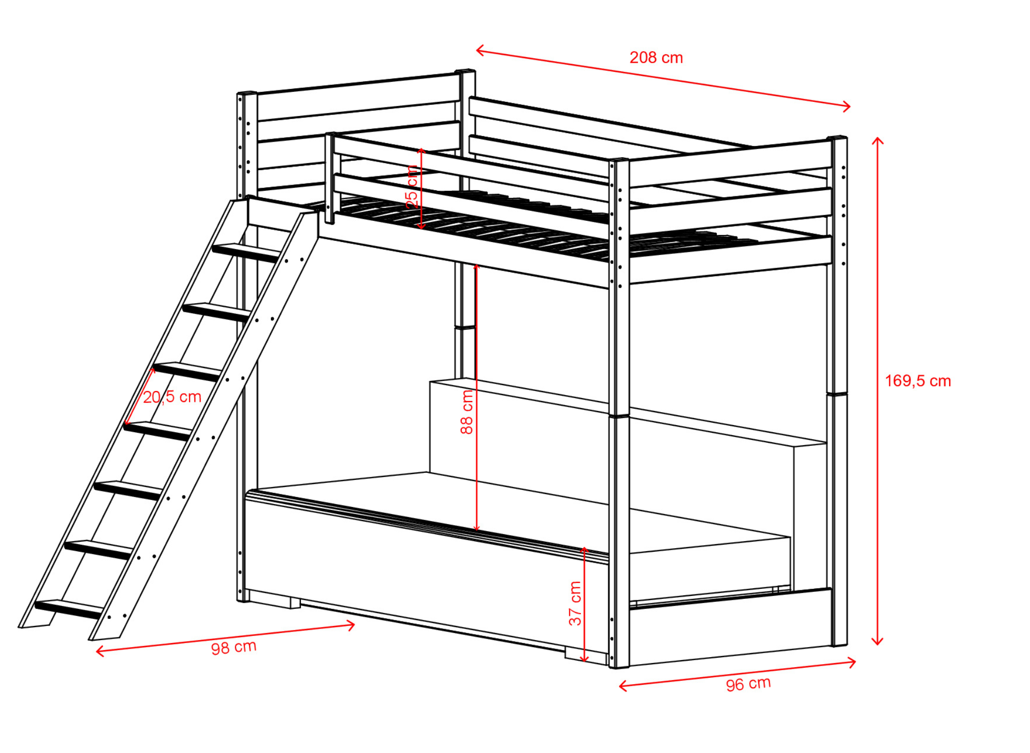 Technical drawing of SOFINO Loft Bed Untreated 90x200/140x200 – Lano Meble