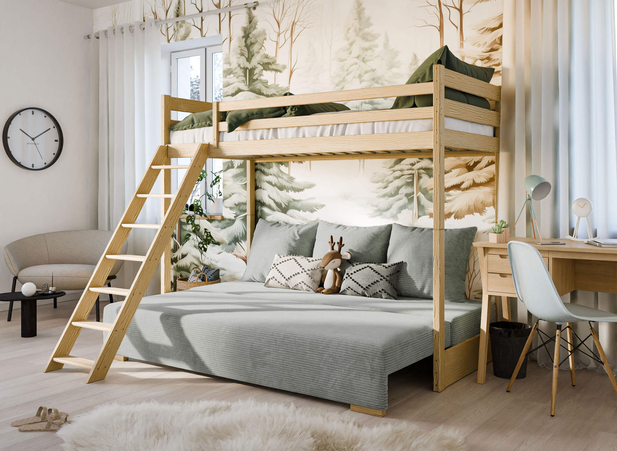 SOFINO 90x200/140x200 Fyrretræ seng på mezzaninen med en fold-ud sofa gråt stof zoom 15 salvie Lano Meble